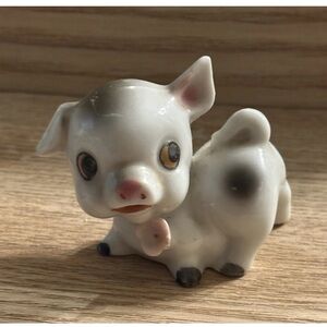 Vintage Procelain Miniature Pig Figurine With A Pink Flower From Japan